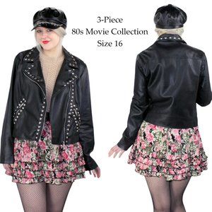 80s Madonna Movies Costume 3 Piece Faux Leather Jacket, Cap & Skirt - Size 16